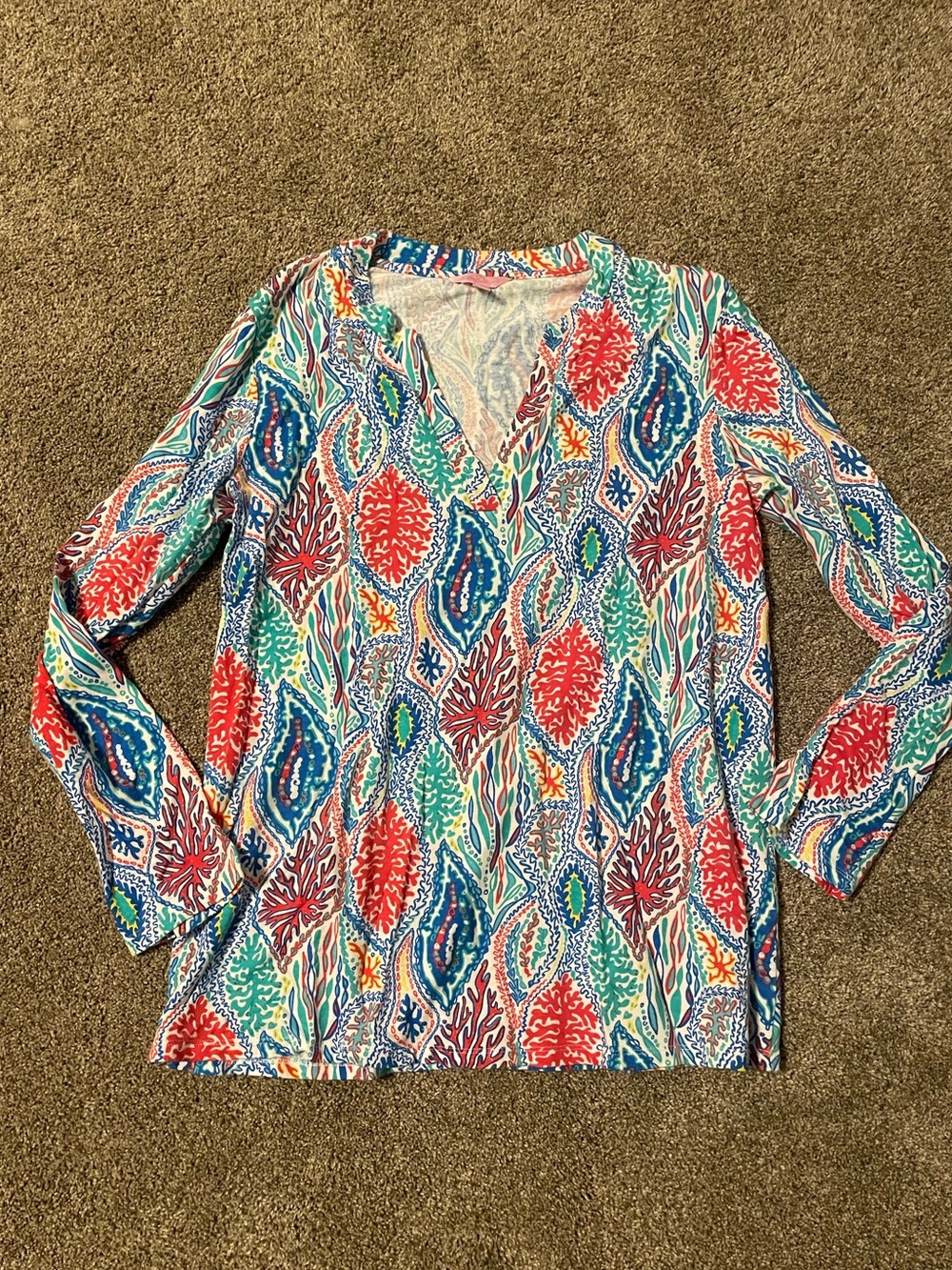 Lilly Pulitzer Odette Colorful Let Minnow Tunic Long Sleeve Top Size XL